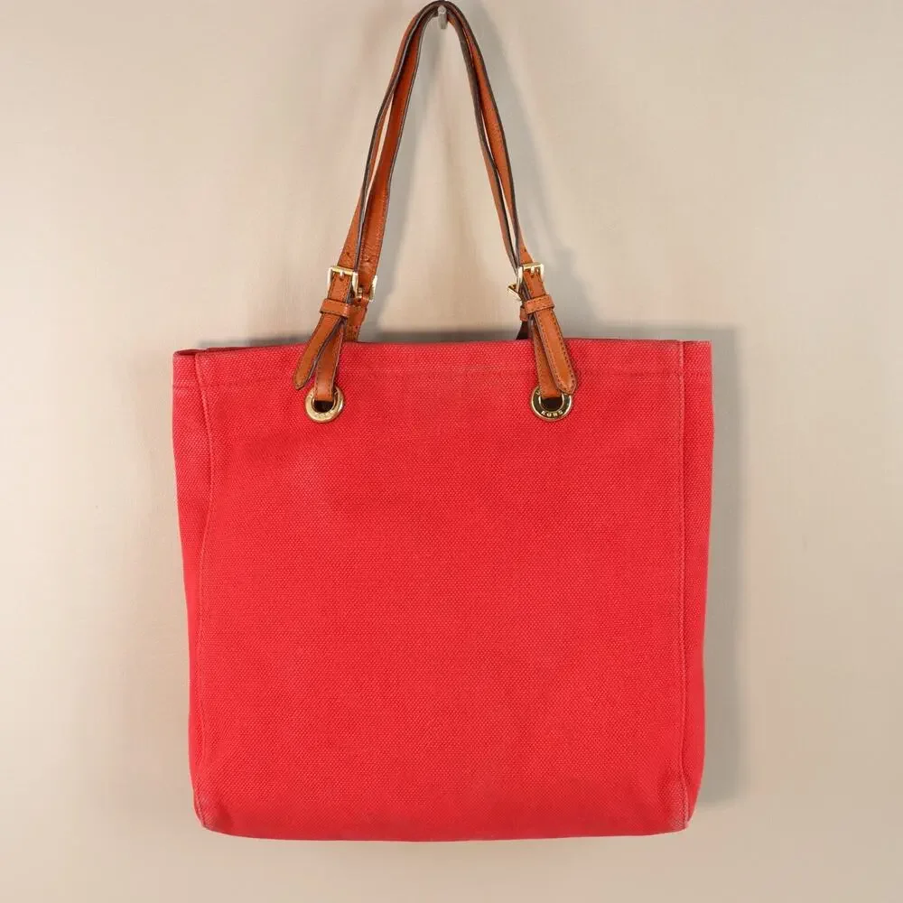 Michael Kors Handbag Women Med Red Canvas Tote Leather Trim Purse Shoulder Bag